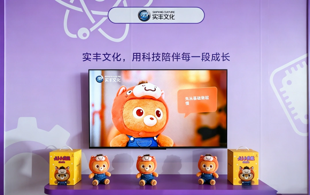 实丰文化展台上的马年 AI 小度熊、包装与产品演示画面